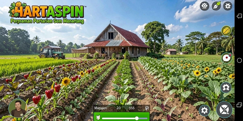 Tampilan gameplay HARTASPIN dengan ladang yang subur dan hewan ternak.