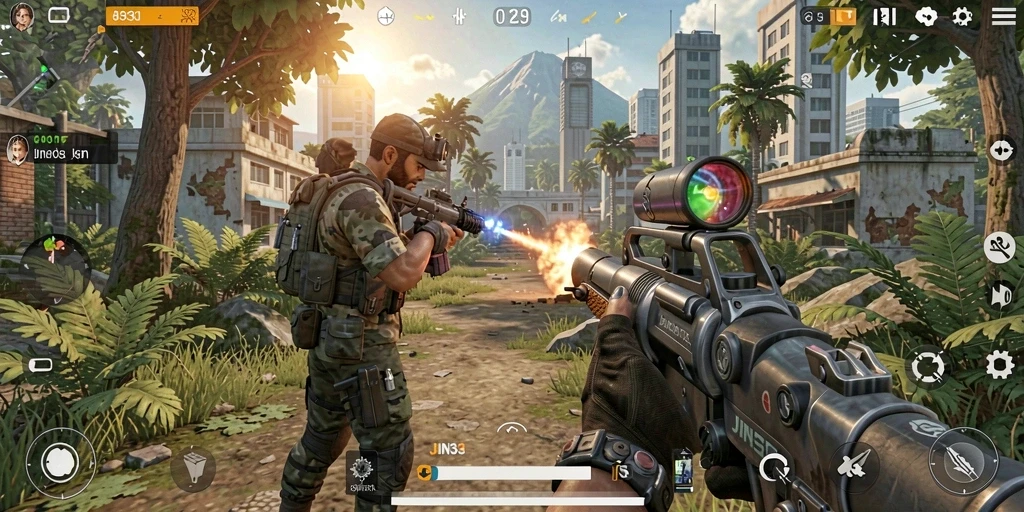 Tampilan gameplay <strong>JIN33</strong> dengan aksi TPS yang intens.