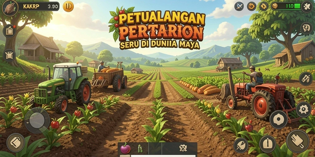 Tangkapan layar permainan KAKRP menampilkan ladang yang subur dan beragam tanaman.
