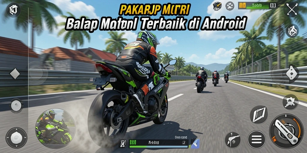 Tangkapan layar dari gameplay PAKARJP menampilkan balapan motor yang cepat dan mendebarkan.