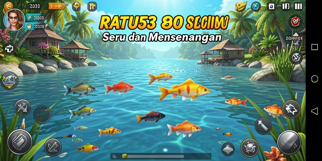 Tampilan gameplay <strong>RATU303</strong> saat memancing di lokasi yang indah.