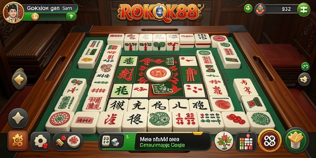 Tampilkan layar permainan ROKOK88 dengan ubin Mahjong yang menarik.