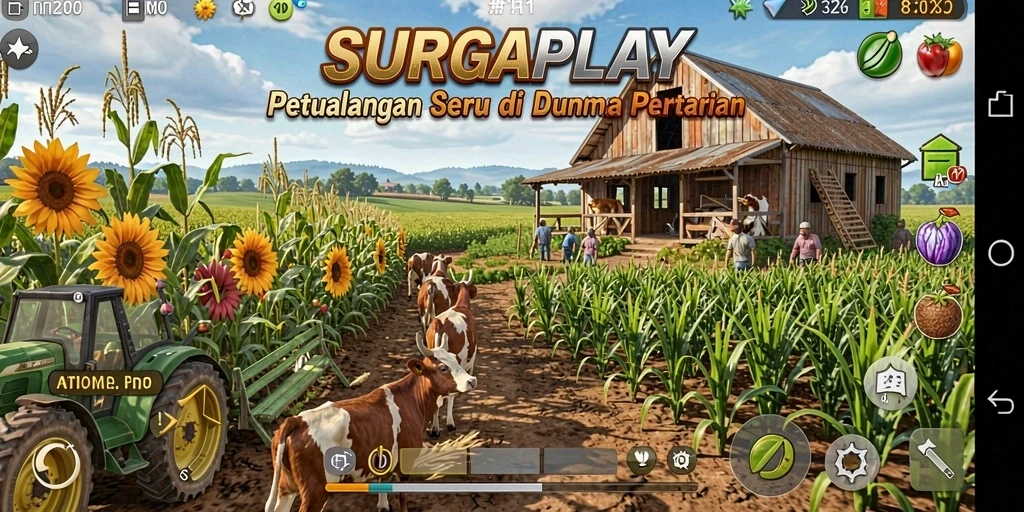 Screenshot utama SURGAPLAY menampilkan aktivitas bertani seru dan interaksi sosial.