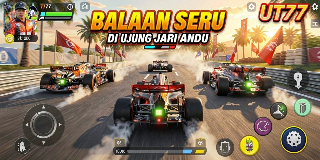 Screenshot UT77 menampilkan aksi balap yang mendebarkan di trek.