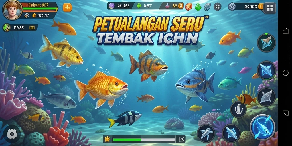 Screenshot gameplay V87 menampilkan aksi seru membidik ikan.
